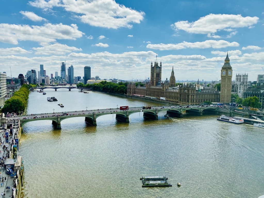 A view of the House of Parliament and Big Ben from the London Eye ferris wheel