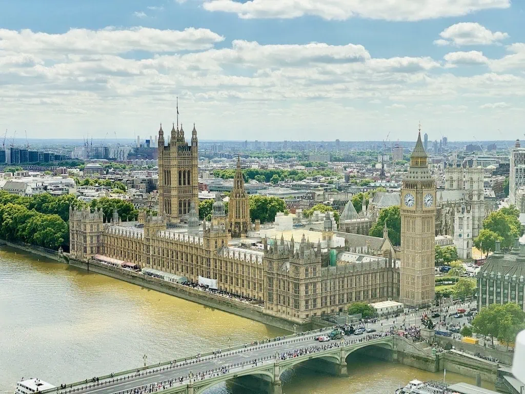 View of the House of Parliament from the London Eye ferris wheel