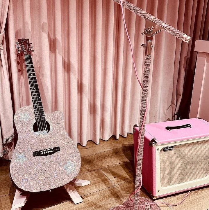 Pink guitar photo prop in the back of Stoney Clover Lane; Nashville, TN