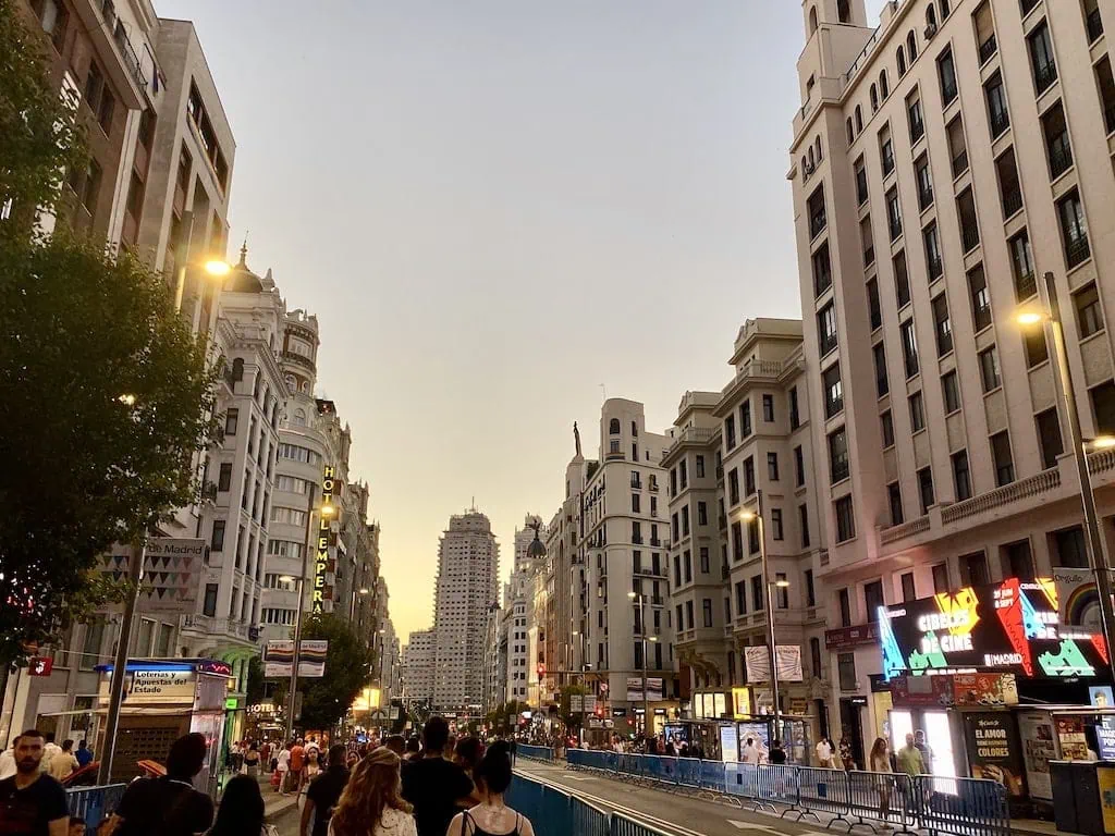 View of Gran Via, Madrid's most famous street, at sunset