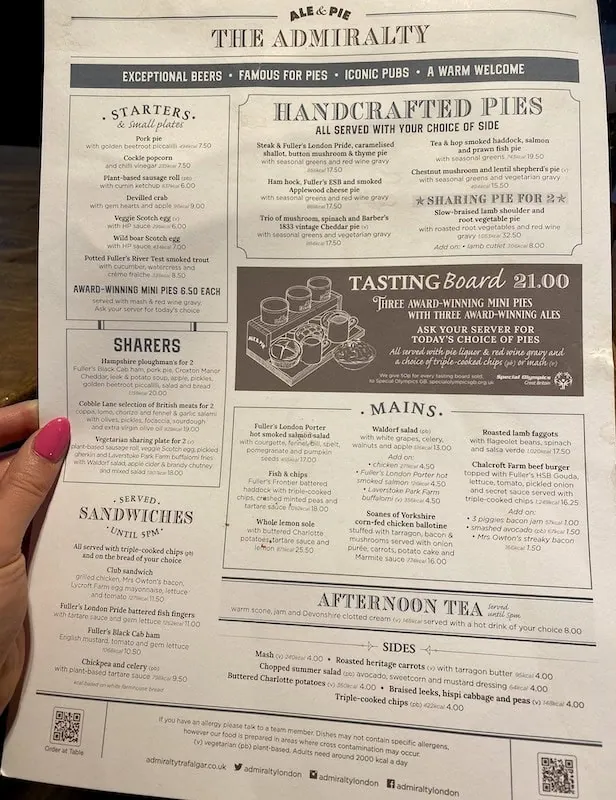 Food menu at The Admiralty pub near Trafalgar Square