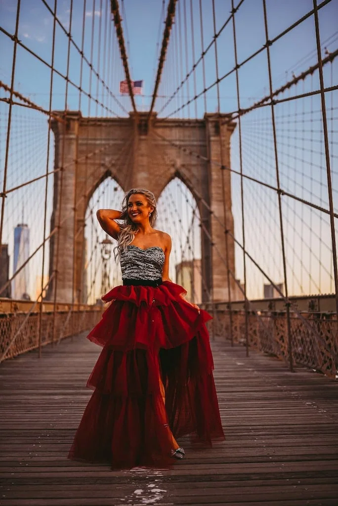 Standing on the Brooklyn Bridge at sunrise