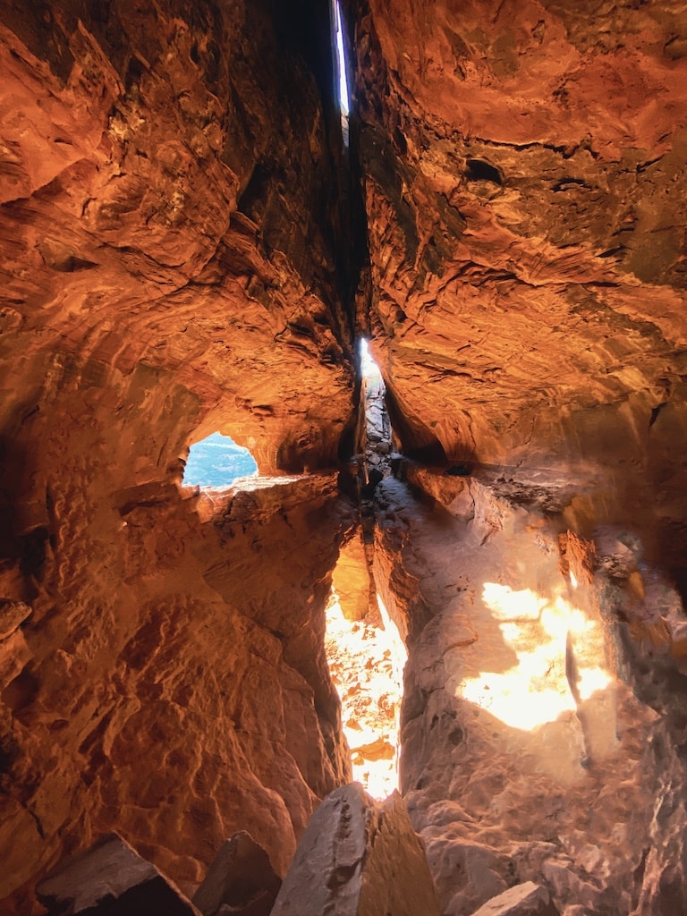 Inside the hidden spur cave on the Soldier's Pass Trail in Sedona, AZ