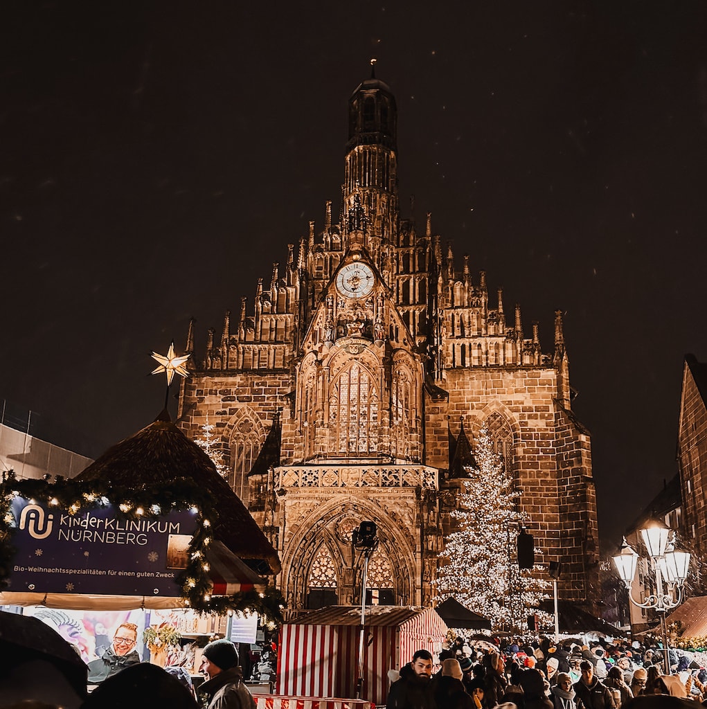 The Frauenkirche church overlooking the Christmas markets in Nuremberg, Germany