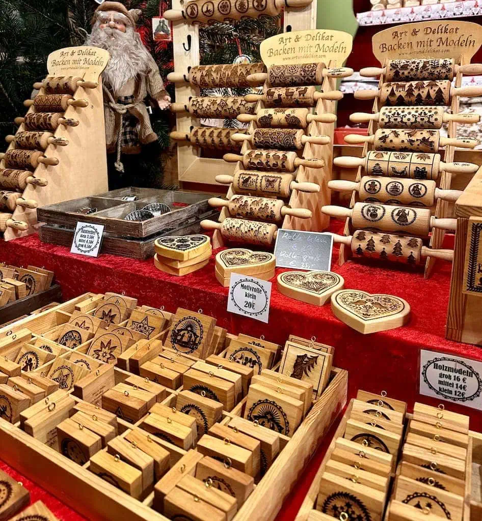 German toys and stamps at the Nuremberg Christmas market in Germany