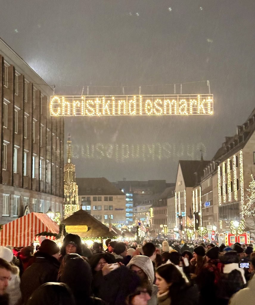 The crowds at the entrance to the Nuremberg Christmas market in Germany