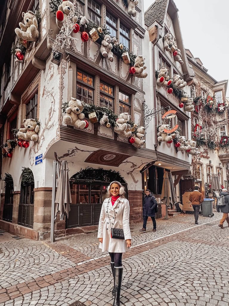 The Teddy Bear Building in Strasbourg, France at Christmas