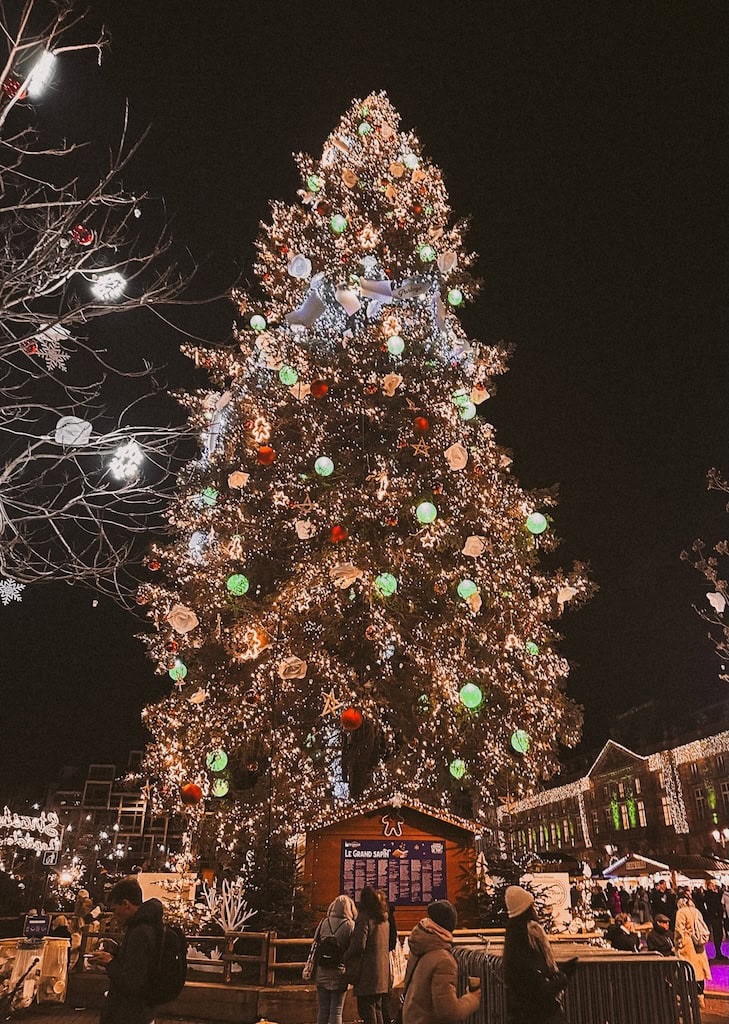 The giant tree in the main Christmas market in Strasbourg, France