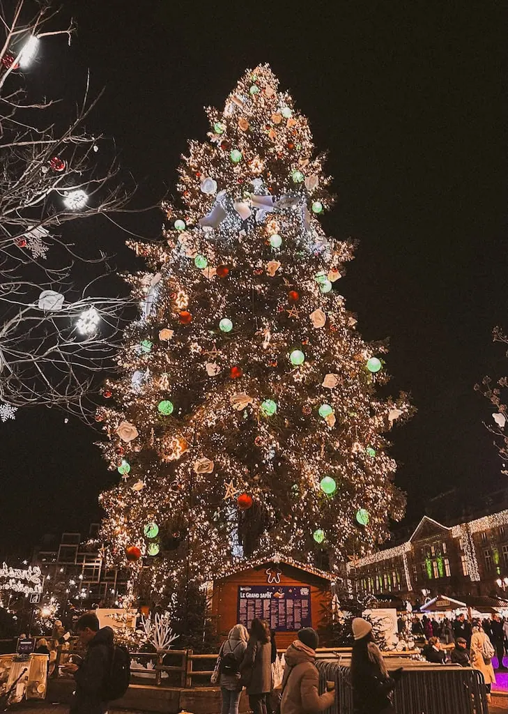 The massive Christmas tree at the Place Kléber market; Strasbourg, France