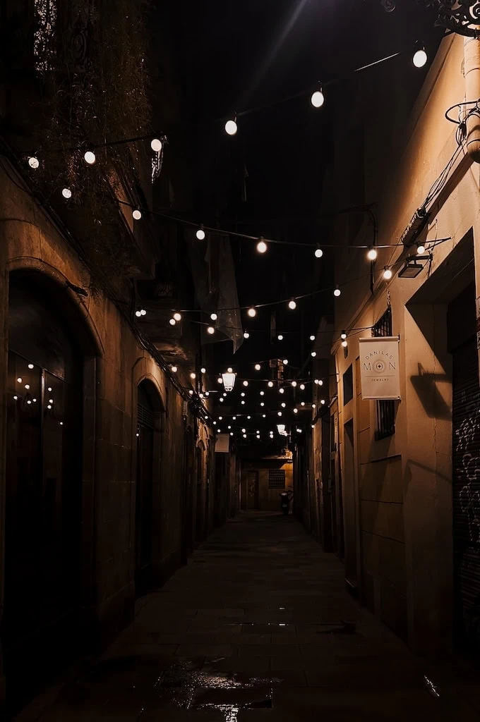 String lights in El Born; Barcelona, Spain Gothic Quarter