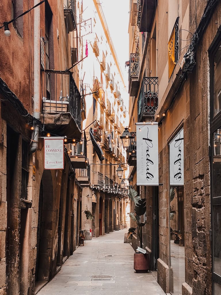 One of the alleyways in the Gothic Quarter of Barcelona Spain