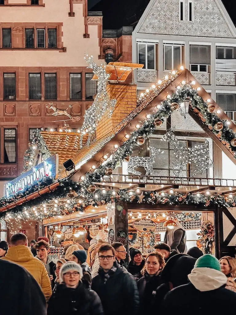 A decorated vendor rooftop at the Frankfurt, Germany Christmas market