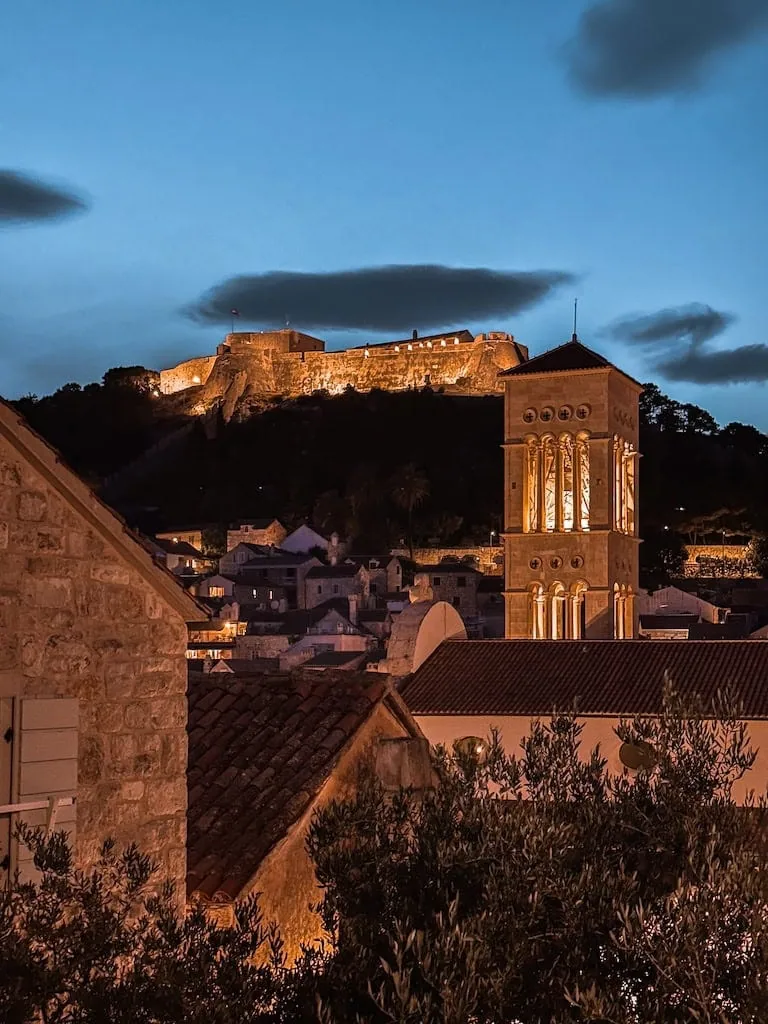 Spanish Fortress (Fortica) at night; Hvar, Croatia