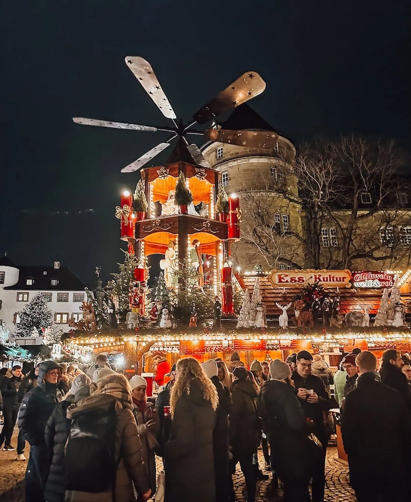 Christmas market vendor rooftop decor in Stuttgart, Germany
