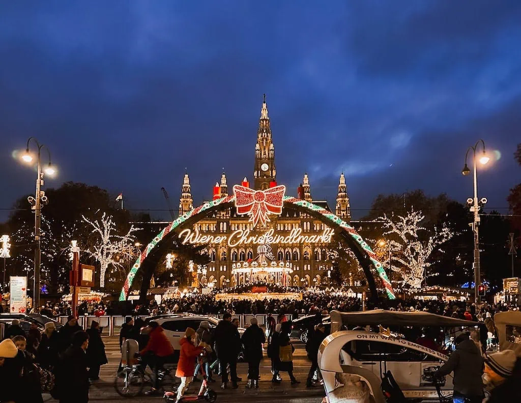 The entrance to the Christmas market in Vienna, Austria
