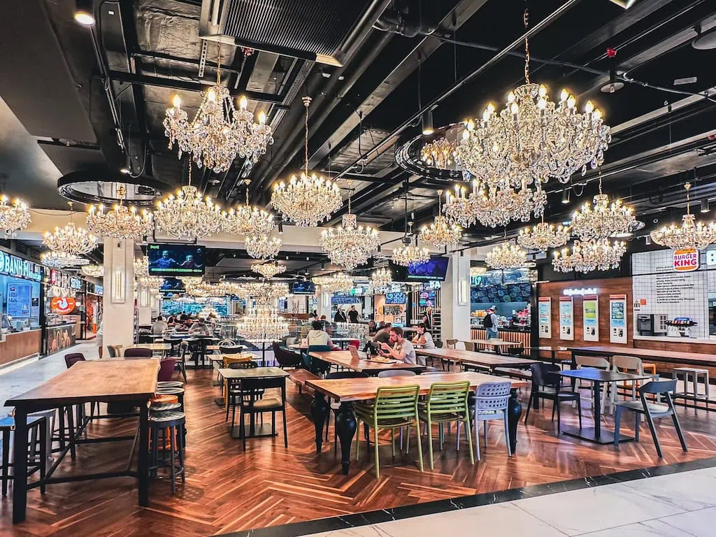 Chandeliers in the fast food section. Prague, Czech Republic