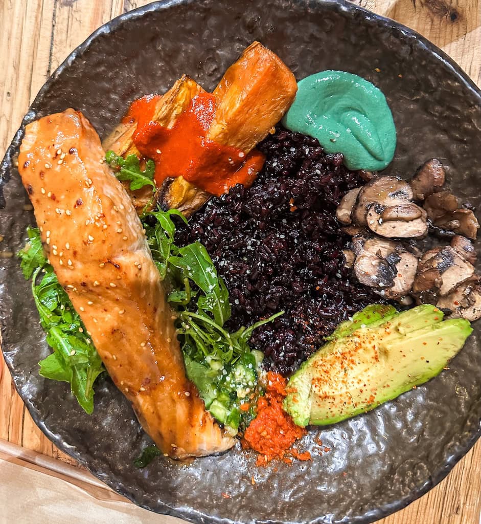 Wild Mediterranean bowl + salmon
at Honest Greens; Barcelona, Spain