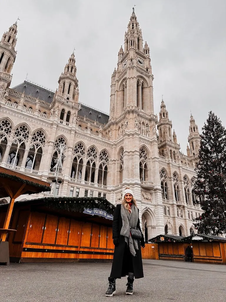 Girl in front of the Rathaus in Vienna, Austria
