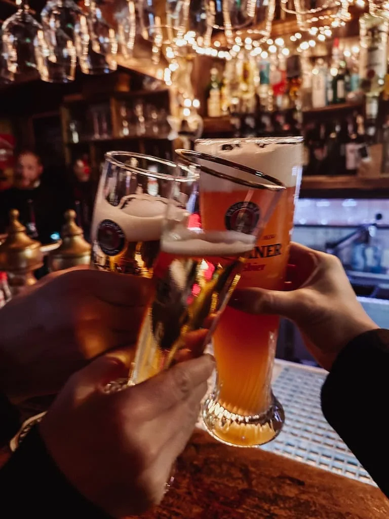 Clinking beer glasses at a bar in Munich, Germany