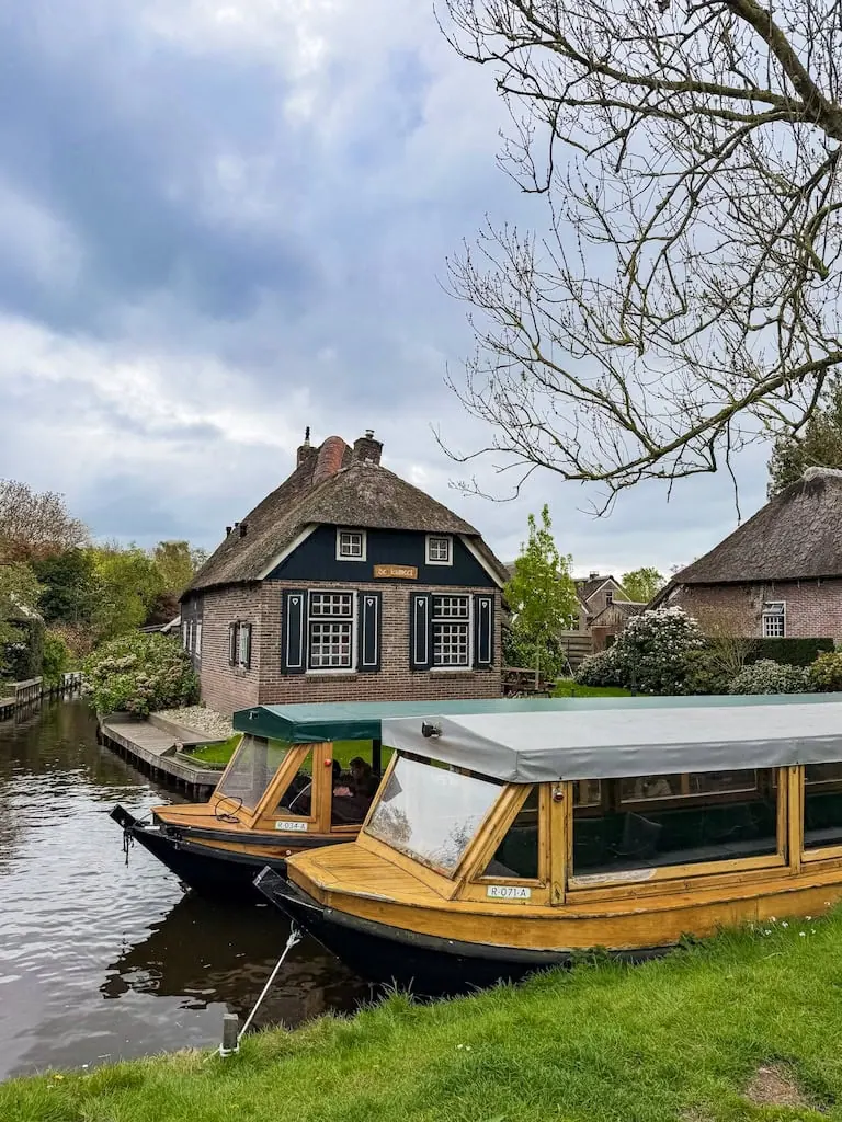 The boats you ride in during the canal cruise in Giethoorn Village, Netherlands